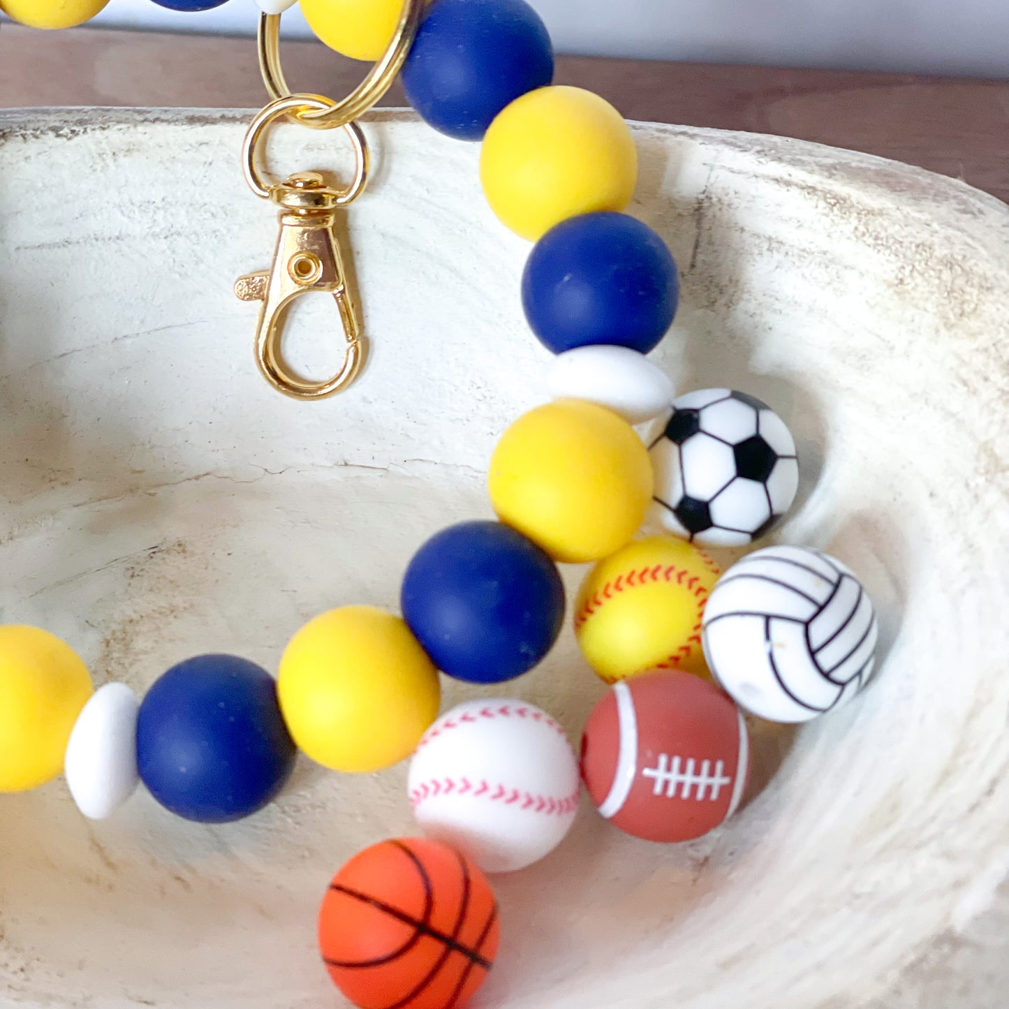 Silicone beaded wristlet keychain blue yellow beads with volleyball, basketball, baseball, softball, football, soccer print beads loose on the side