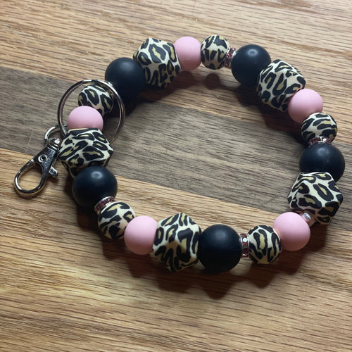 Leopard, pink, black silicone bead wristlet keychain