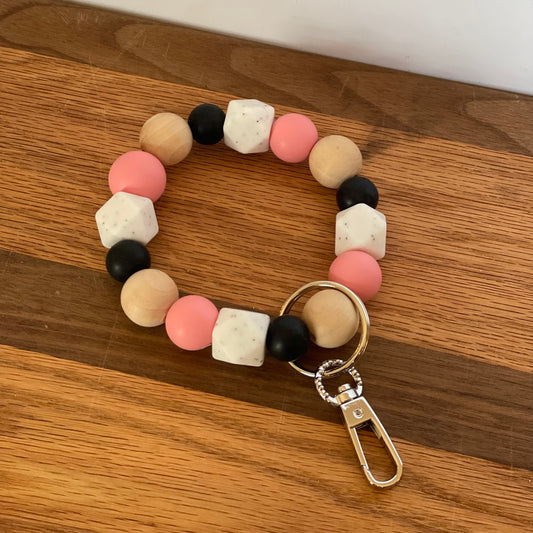 Pink, Black, Stone White and Wood Wristlet Keychain